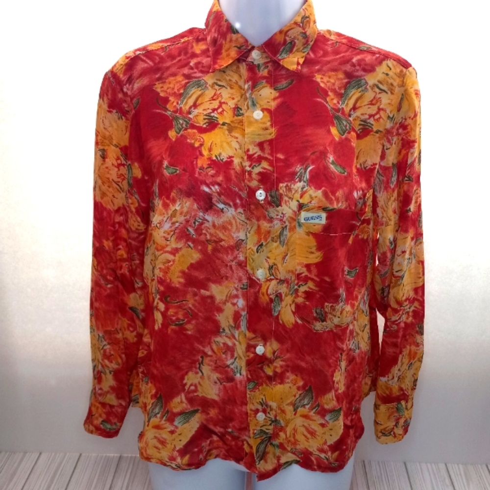 Vintage Guess By Georges Marciano Floral Long Sleeve Button Down Shirt
